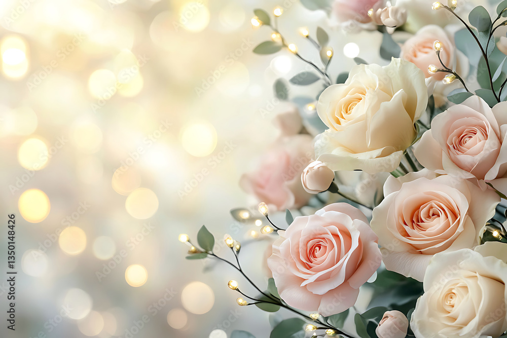 Beautiful arrangement of soft-colored roses with twinkling lights for decoration Beautiful arrangement of soft-colored roses with twinkling lights for decoration