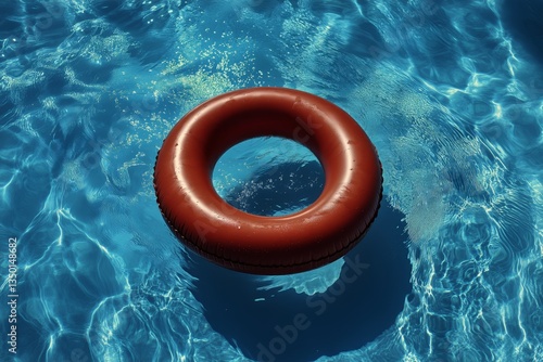 Bright Red Lifebuoy Floating in a Clear Swimming Pool on a Sunny Day