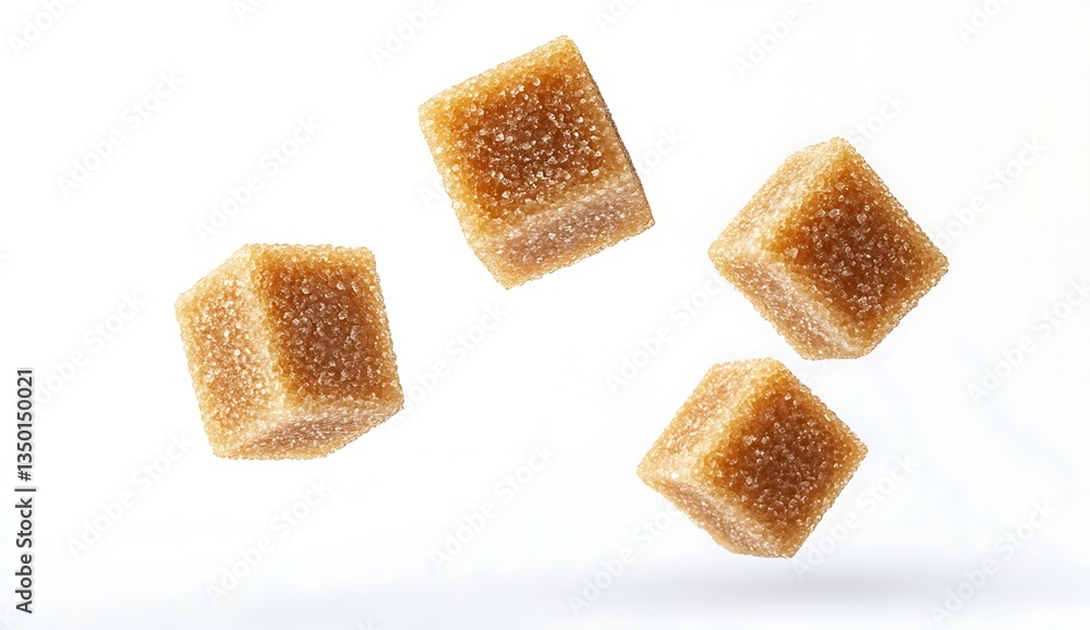 Cubes of brown sugar floating in the air, against a white background