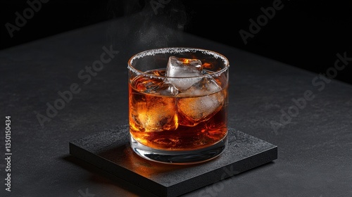 Elegant Salt Rimmed Whiskey Cocktail with Ice on Dark Surface, Smoke Rising