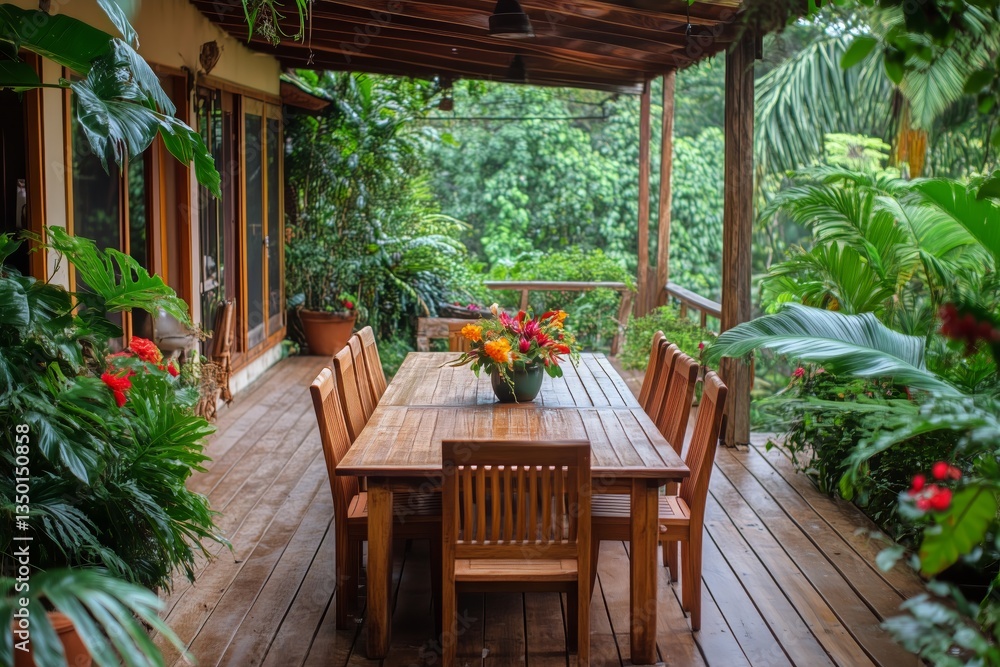 Fototapeta premium Cozy Wooden Table Surrounded by Lush Greenery in a Serene Garden Setting During Bright Daylight
