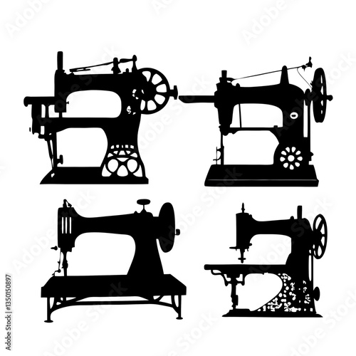 A collection of four antique sewing machines in silhouette style, 
