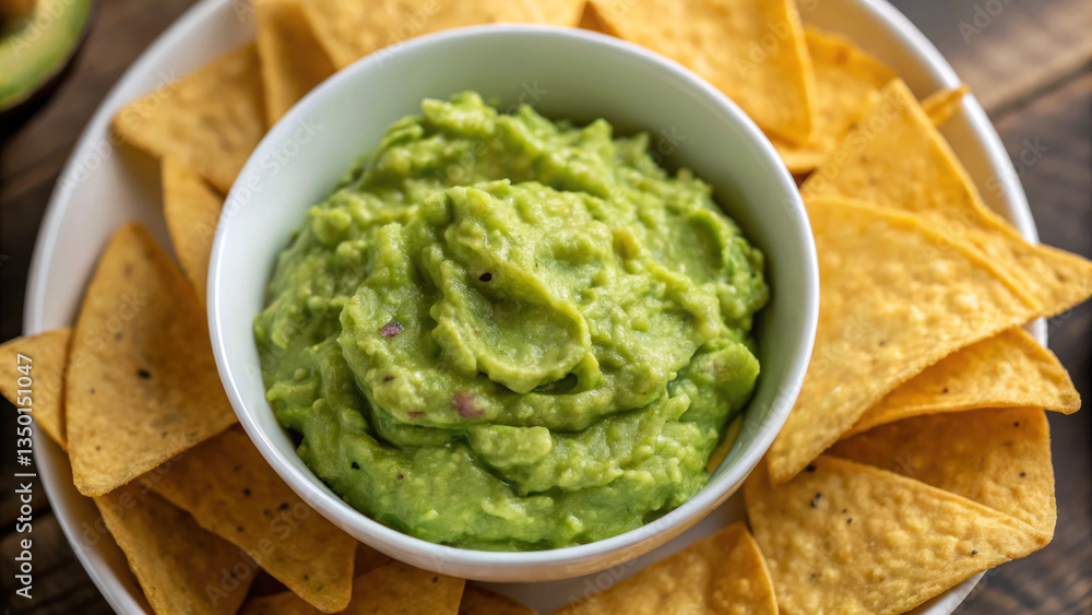 Creamy guacamole served in bowl surrounded by crispy tortilla chips, perfect for sharing and enjoying with friends Creamy guacamole served in bowl surrounded by crispy tortilla chips, perfect for sharing and enjoying with friends