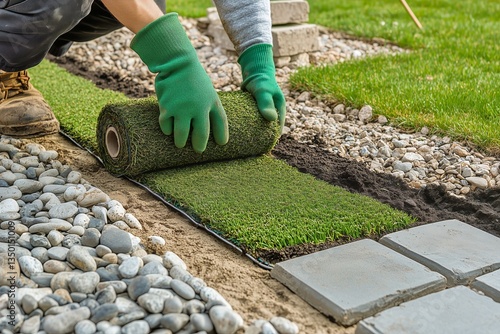 Laying Down Artificial Turf in a Garden Pathway During a Sunny Afternoon in a...