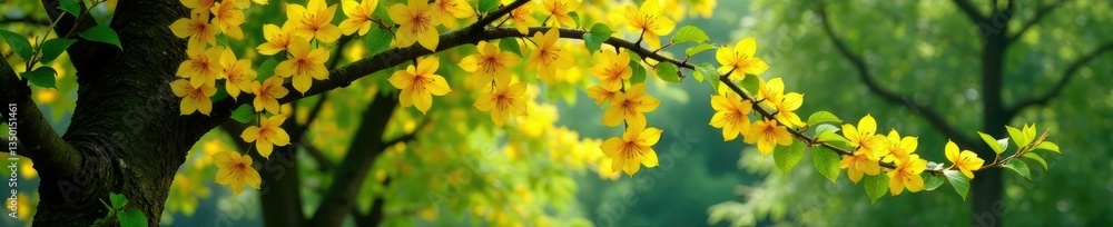 Colorful Yellow Honeysuckle vines entwining trees, garden features, tree foliage, Colorful Yellow Honeysuckle vines entwining trees, garden features, tree foliage,