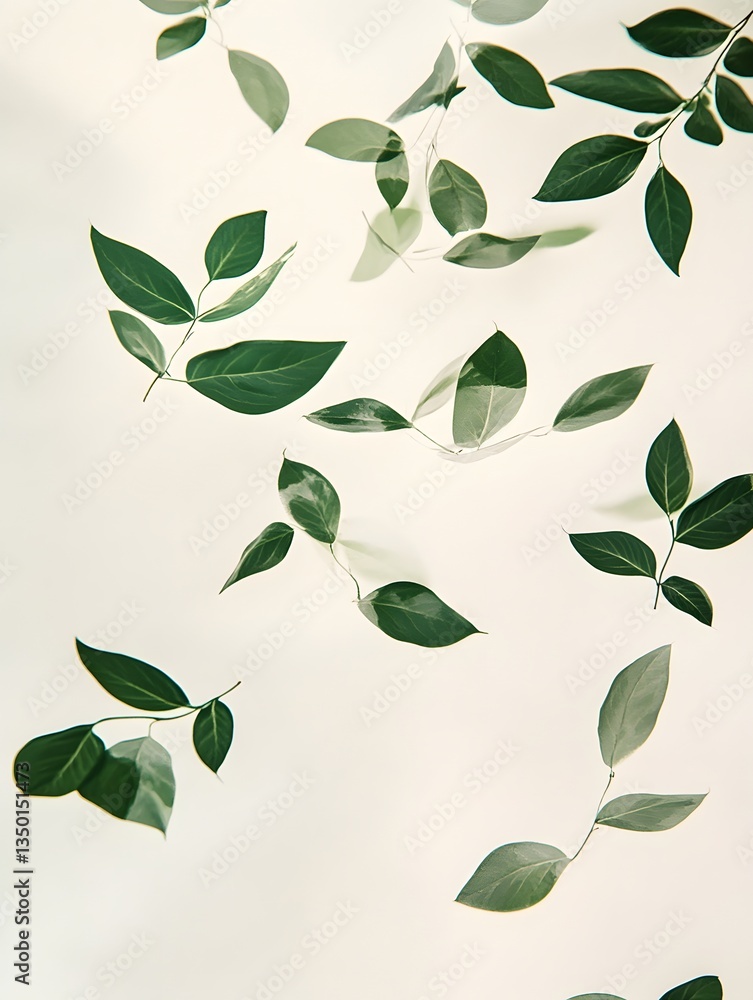 Naklejka premium Floating green leaves against a pristine white backdrop