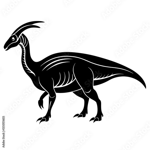 black silhouette of a Parasaurolophus, standing in a majestic stance with its long, 