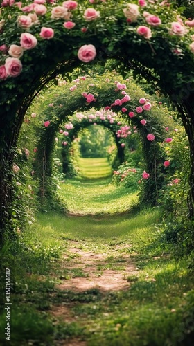 Beautiful Garden Archway Adorned With Blooming Pink Roses Under Bright Sunlight