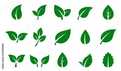Green leaf icons set. Suitable for use in organic and eco-friendly content. Presented on a white background.
