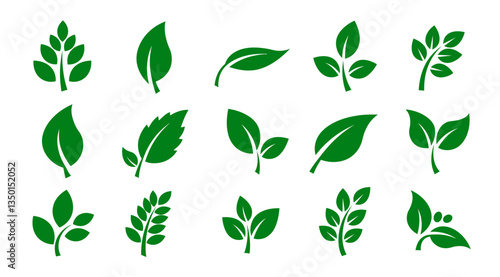 Minimal icons consisting of leaves. Suitable for plant, nature and health concepts. White background.