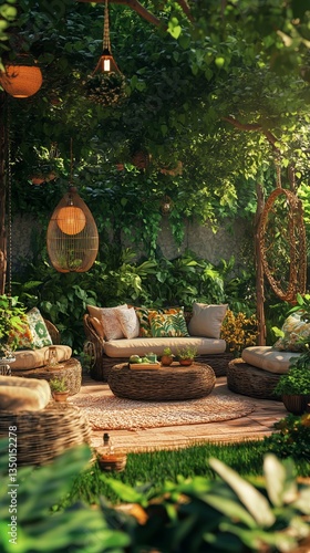 Cozy Outdoor Seating Area Surrounded by Lush Greenery and Soft Lighting at Dusk