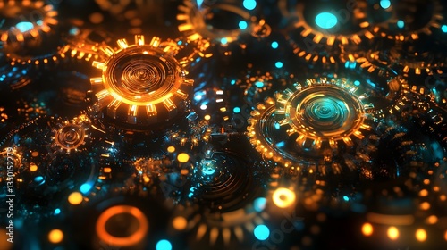 Interconnected technological gears and cogs in a futuristic data visualization