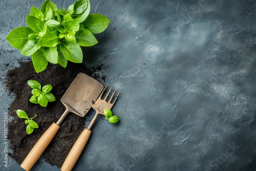 Fresh Herbs Arranged on a Dark Stone Surface With Tools and Soil for Planting