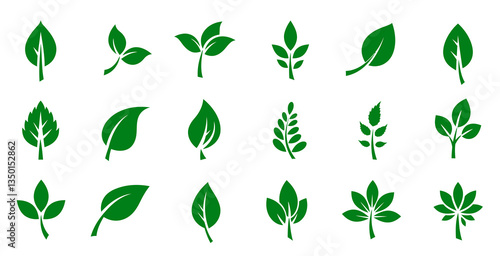 Leaf themed icon set. Compatible with nature, sustainability, vegan and organic concepts. Presented on a white background.