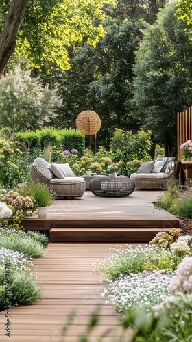 Beautiful Garden With Comfortable Seating and Colorful Flowers During a Sunny...