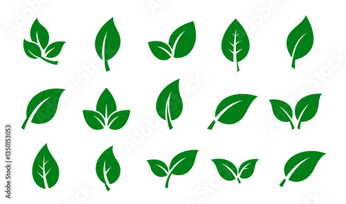 Green leaf icons. Can be used for plant, nature, health and energy concepts. Presented on a white background.