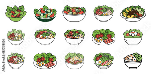 Salad icons collection. Specially prepared vectors for mixed, chef, Greek, garden and fruit salads.