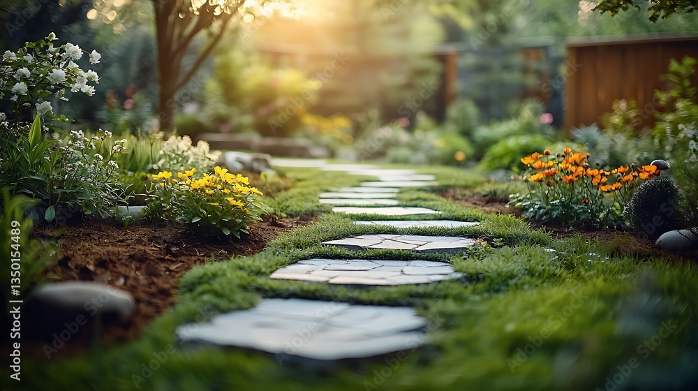 Garden path winding through flowers Garden path winding through flowers