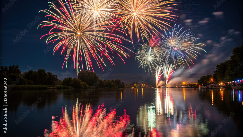 Obraz premium Stunning fireworks illuminate night sky, reflecting beautifully on calm river surface, creating magical atmosphere