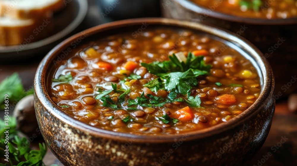A close up shot of a bowl of lentil soup A close up shot of a bowl of lentil soup