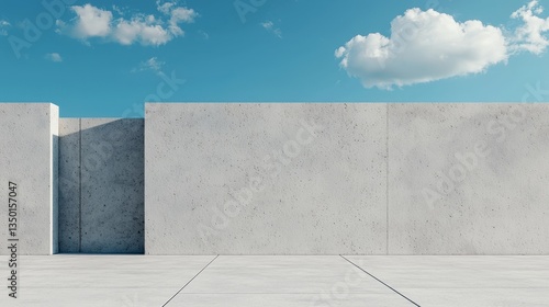 A minimalist scene showcasing a smooth concrete wall beneath a clear blue sky with a few fluffy clouds.