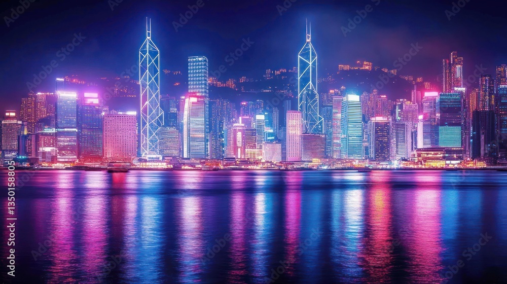 Fototapeta premium Hong Kong Skyline Neon Night Reflection