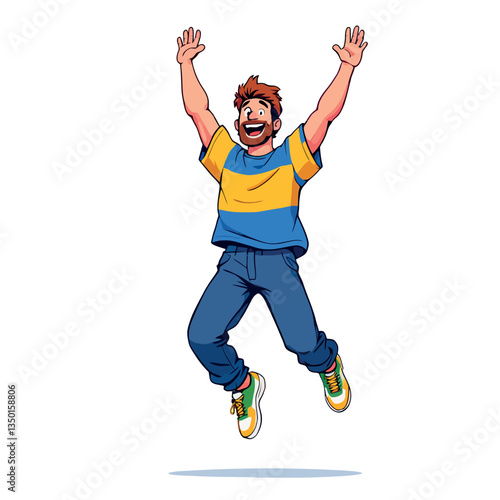 Happy man jumping and raising arms in celebration