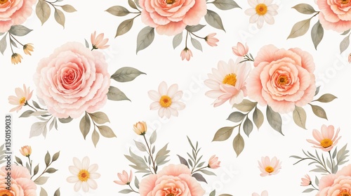 Wallpaper Mural A timeless floral pattern in soft peach and cream hues with delicate roses and leaves. Romantic, vintage-inspired, and elegant, perfect for decor and textiles. Torontodigital.ca