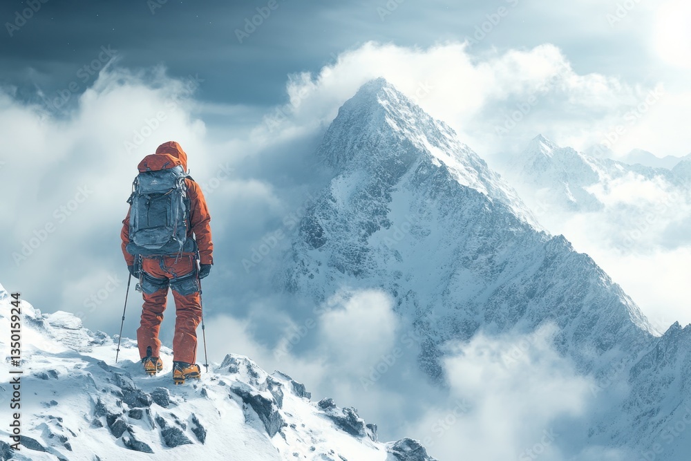 A climber gazes at magnificent snow-capped peaks in a dramatic mountain landscape during winter A climber gazes at magnificent snow-capped peaks in a dramatic mountain landscape during winter