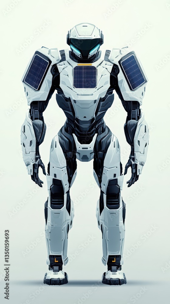Futuristic robot wearing solar panels and white armor stands upright Futuristic robot wearing solar panels and white armor stands upright