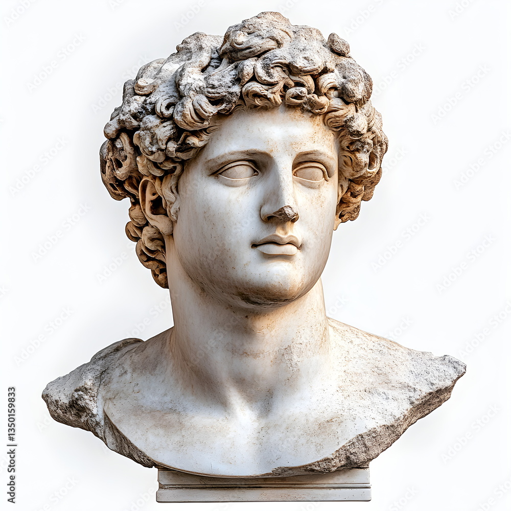 Antique marble plaster bust of androgynous human head with curly hair isolated on white background for cutting, copy space. Statue head, anatomical model. Ancient Greek Renaissance. Square format. Antique marble plaster bust of androgynous human head with curly hair isolated on white background for cutting, copy space. Statue head, anatomical model. Ancient Greek Renaissance. Square format.