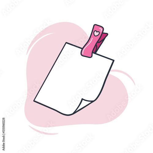 Blank card, paper sheet clipped by pink peg with heart. Cute girly cartoon design for prints