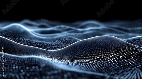 Digital Waves: An abstract digital depiction of undulating waves, created from countless tiny illuminated points of light, forming a mesmerizing, futuristic, and atmospheric visual. 
