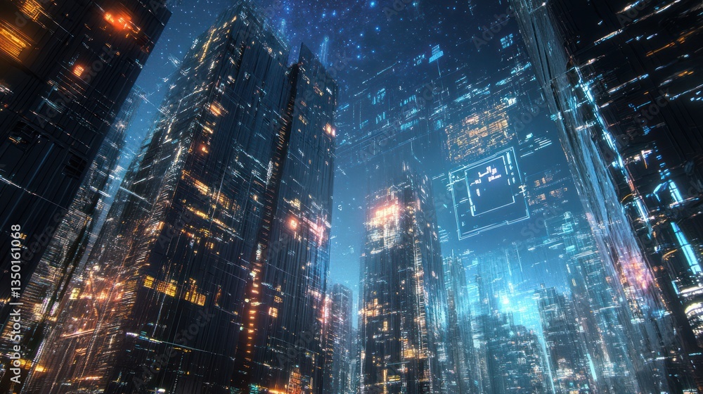 Futuristic city night view, digital overlay, skyscrapers, technology Futuristic city night view, digital overlay, skyscrapers, technology