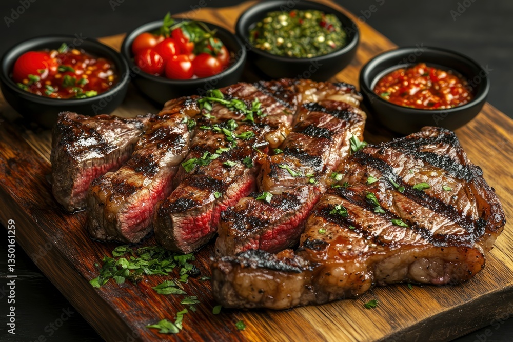 Grilled steak with various sauces on wooden board Grilled steak with various sauces on wooden board