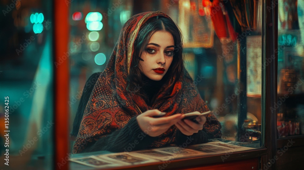 A mysterious woman gazes thoughtfully while holding a book in a vibrant urban setting. Her rich scarf and expression tell a story. Generative AI A mysterious woman gazes thoughtfully while holding a book in a vibrant urban setting. Her rich scarf and expression tell a story. Generative AI