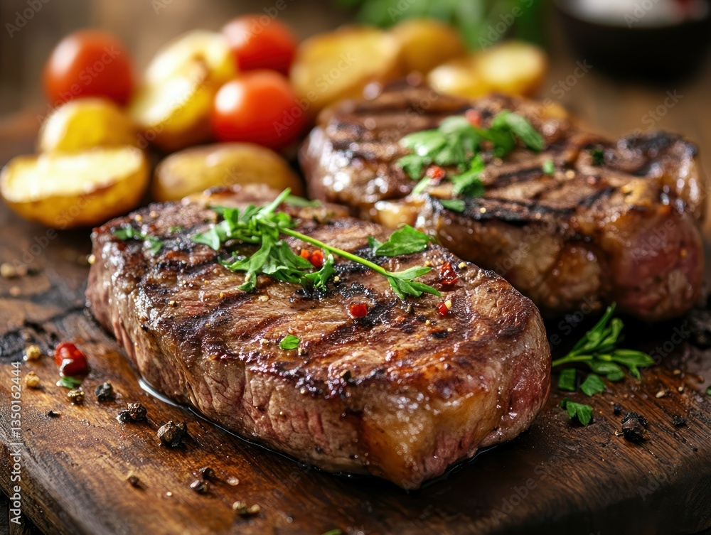 Grilled steaks, potatoes, tomatoes, rustic wood, dinner Grilled steaks, potatoes, tomatoes, rustic wood, dinner