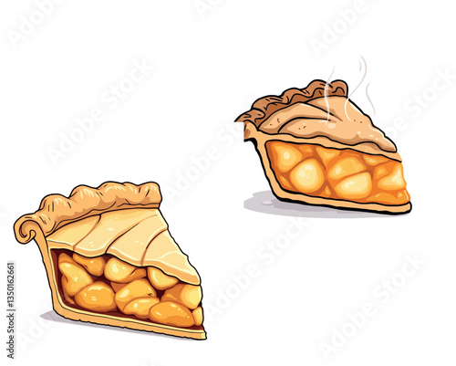 Vsai two slices of hot and freshly baked apple pie showing delicious filling