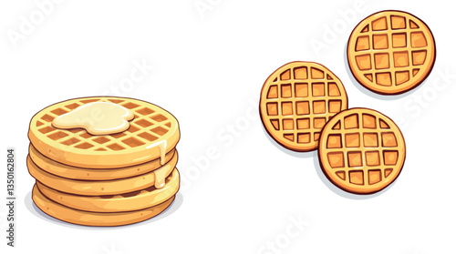 Stack of waffles with syrup and three round waffles on white background