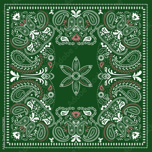 Western bandana with paisley pattern. Floral design for scarves, fabric, and textile backgrounds. retro bandanna print in green and red tones, featuring ethnic ornaments and abstract swirls.
