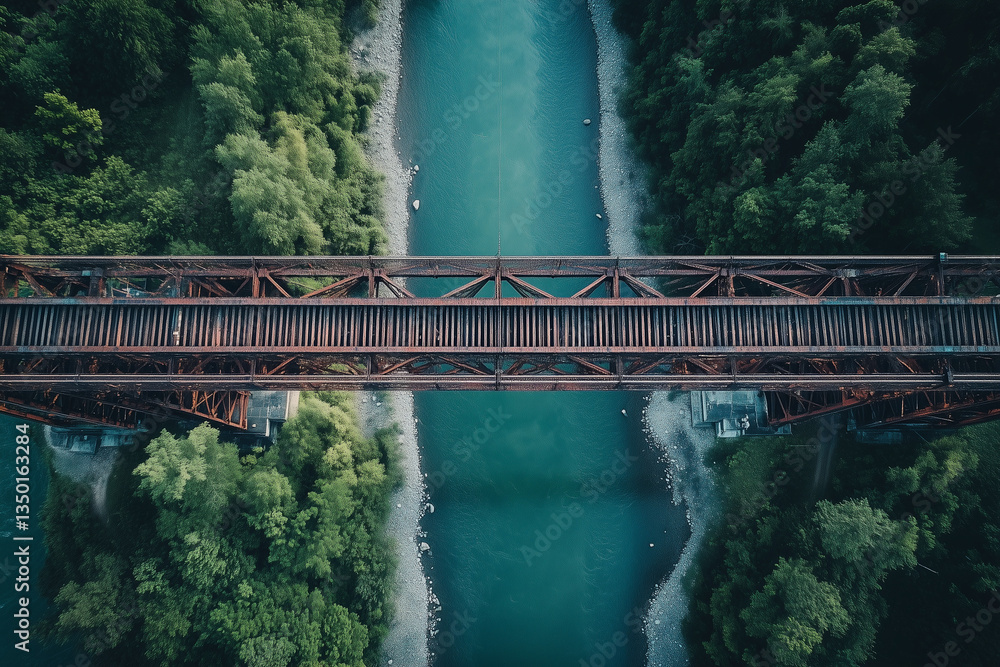 Fototapeta premium Massive steel bridge stretches across a wide river, symbolizing strength and modern engineering marvels