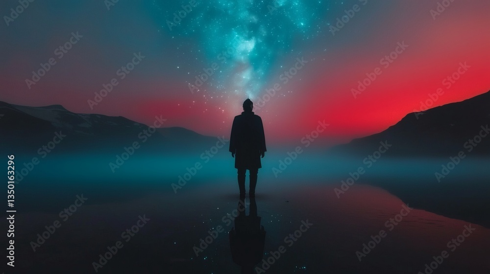 Obraz premium Majestic twilight reflections reveal a galaxy of dreams amid tranquil waters and towering mountains Generative AI