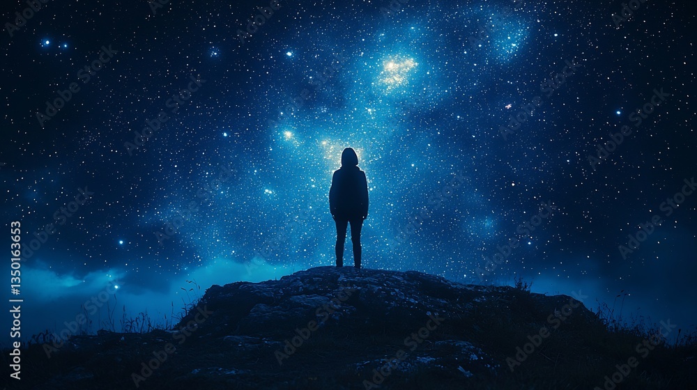 Person standing alone under a vast starry sky their silhouette small against the universe symbolizing the search for meaning and purpose through religion Person standing alone under a vast starry sky their silhouette small against the universe symbolizing the search for meaning and purpose through religion