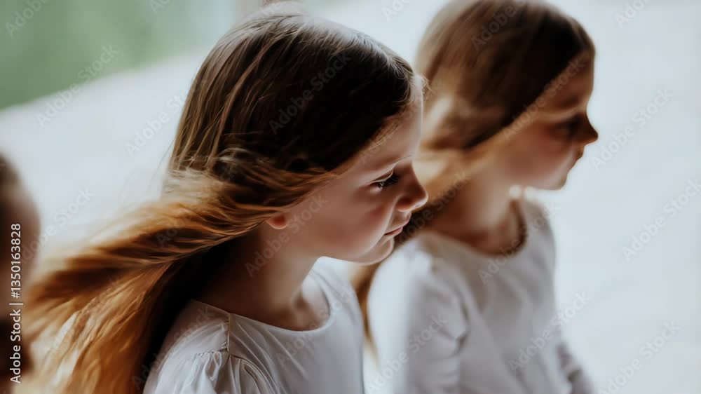 Three young girls in white dresses standing by a window with wind gently blowing through their hair
Three young girls in white dresses standing by a window with wind gently blowing through their hair