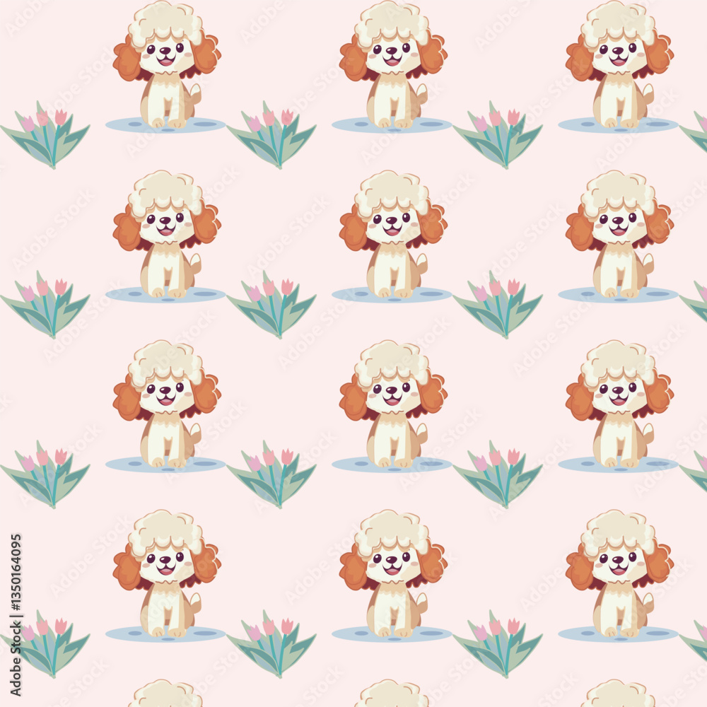 Obraz premium cute puppy with pink tulips seamless pattern,set of cartoon animal with flowers on pale background
