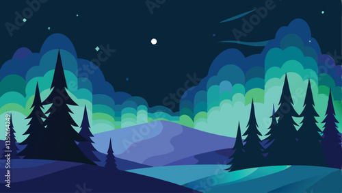 Snow-covered forest glowing under the northern lights.