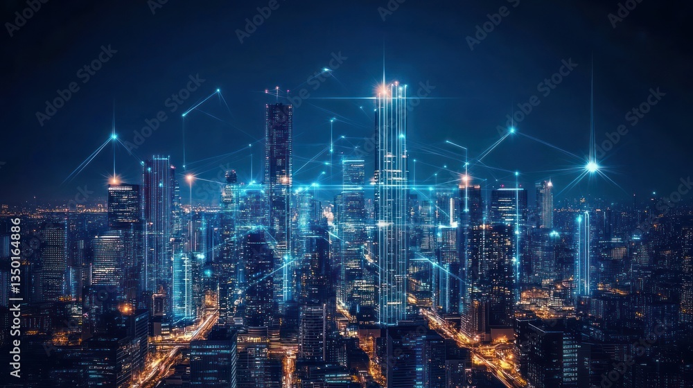 Fototapeta premium Night city skyline network illustration