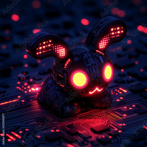 Cyberpunk Easter art with glowing tech bunny. Neon pet on circuit board