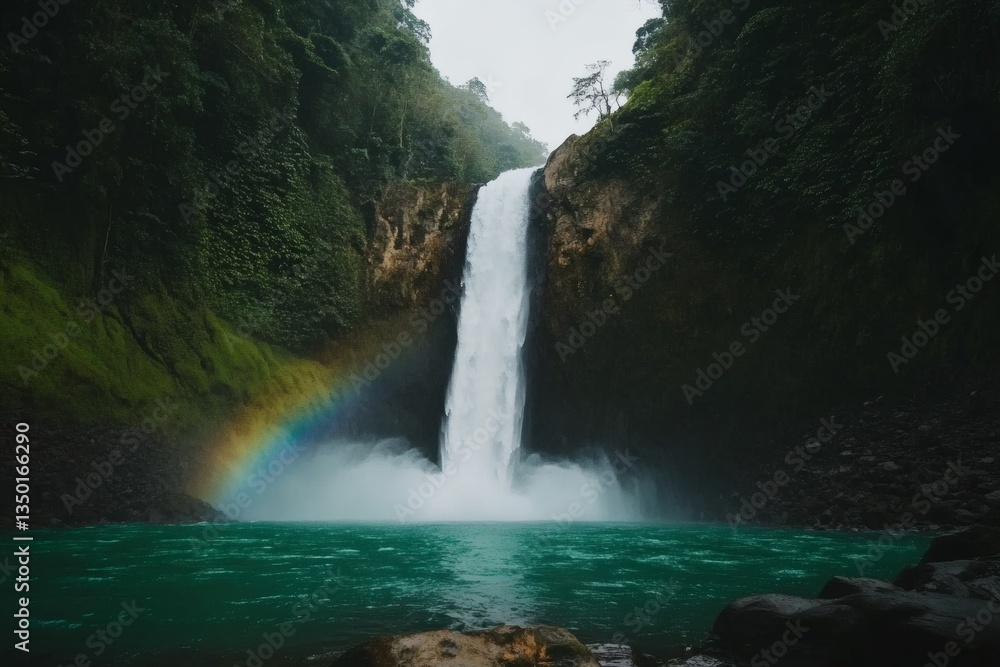 Fototapeta premium Majestic waterfall cascading into turquoise pool under vibrant rainbow in lush tropical forest Generative AI