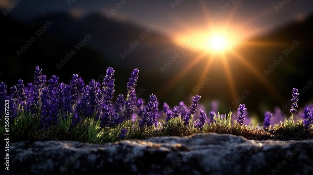 Naklejka premium Lavender field bathed in golden sunset light